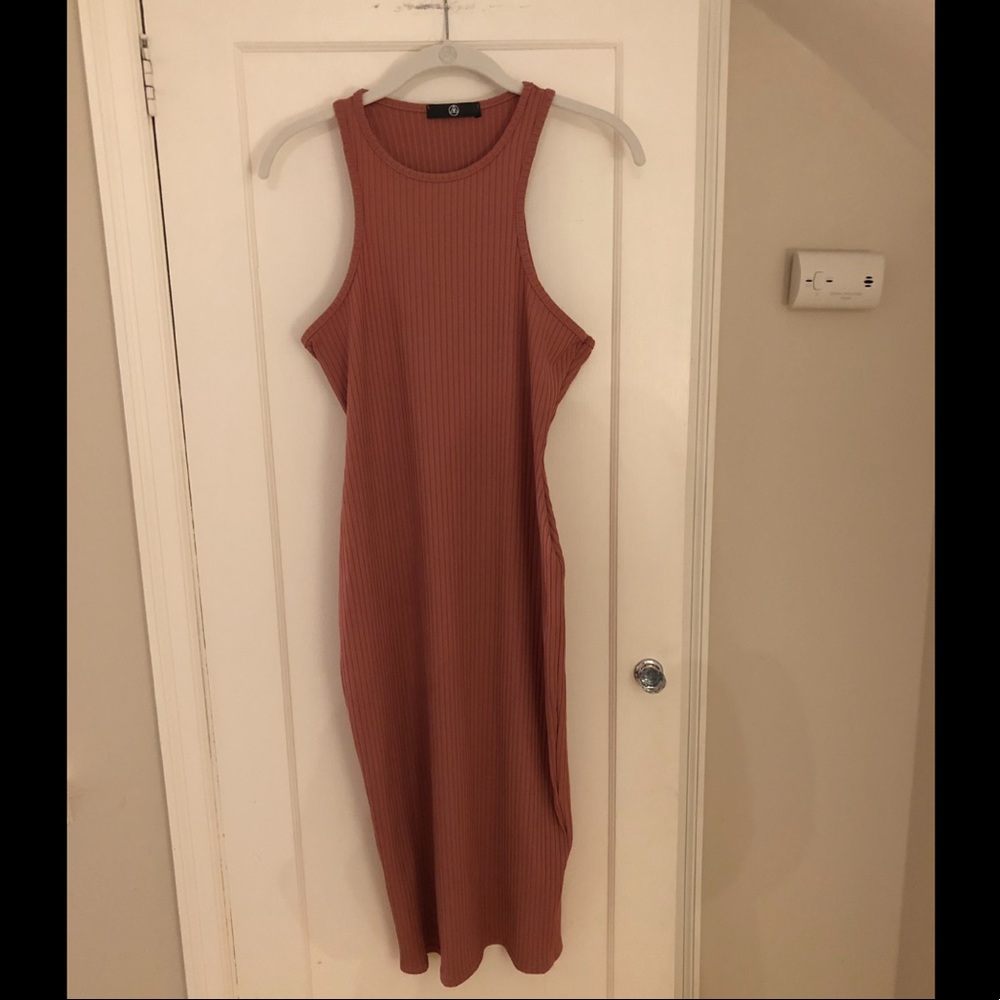 Rose Pink Ribbed Racer Neck Bodycon Midi Dress